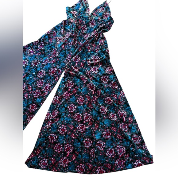 Free People Volcano Super Wide Leg Velvet Floral Jumpsuit Green Pink Size Large - Picture 8 of 15